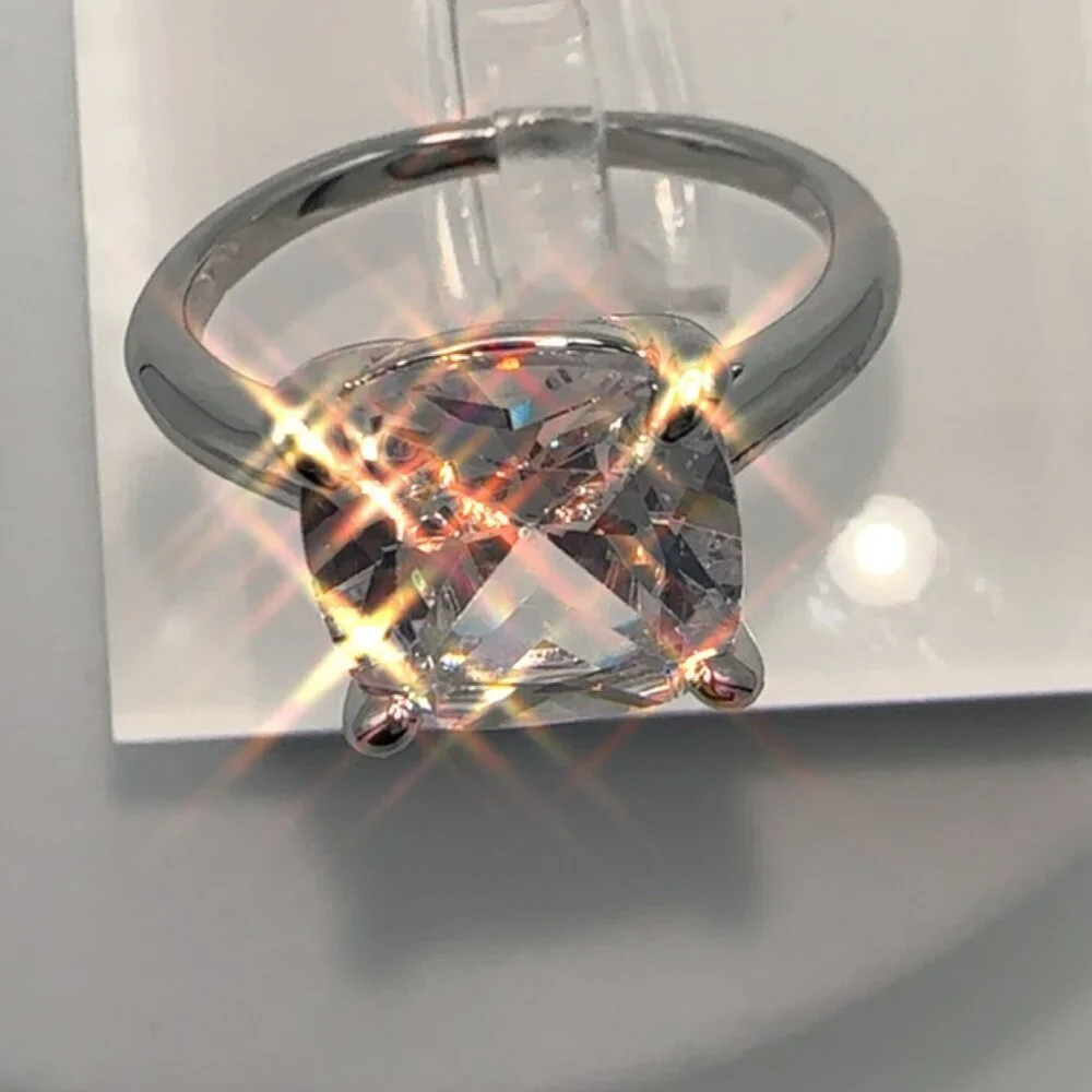 Cubic Zirconia Solitaire Ring Silver Tone - Picture 2 of 7